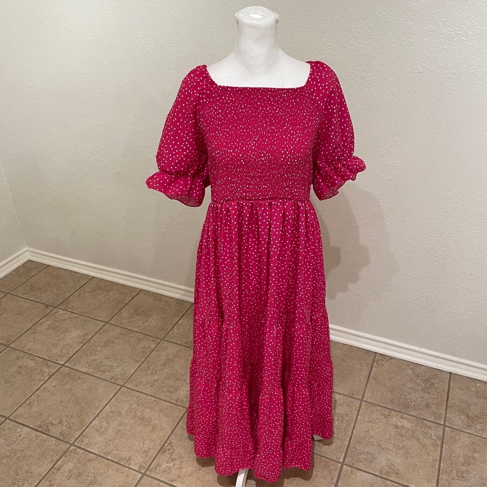 Pink Polka Dot Puff Sleeve Off Shoulder Dress